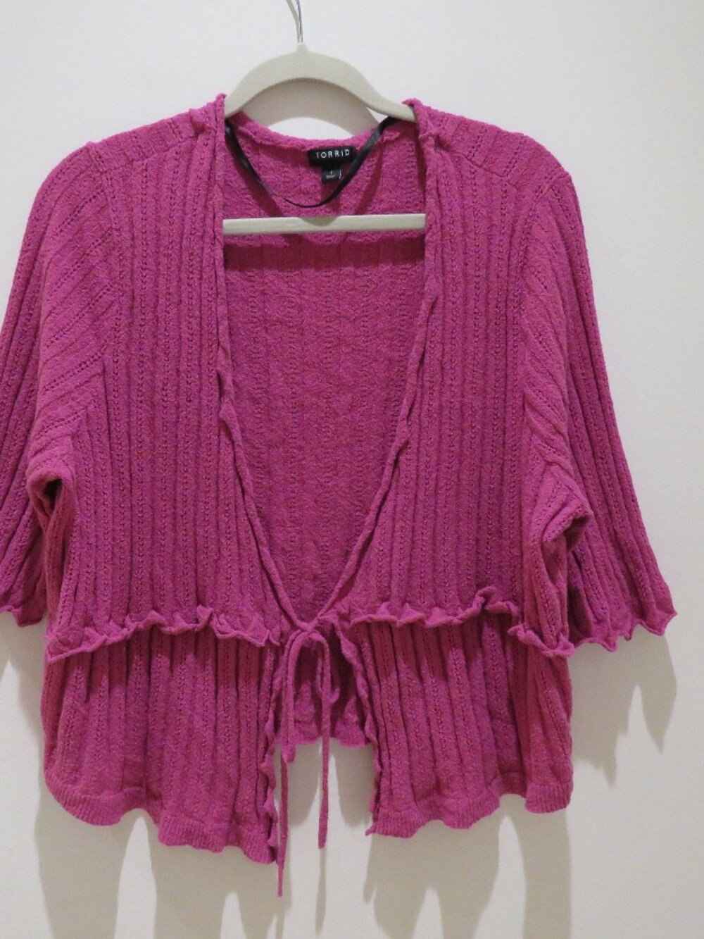 TORRID Cropped Tie-Front Shrug Cardigan Fuschia Red Marl Knit 1X Boho Plus Size - Picture 3 of 13